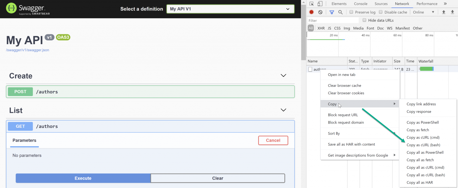 Screenshot of Swagger and Chrome Dev Tools.